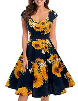 Bbonlinedress Kleid Damen Sommer 1950er Vintage Retro Cocktailkleid Rockabilly V-Ausschnitt Faltenrock Abendkleid Partykleid Black Sunflower XS von Bbonlinedress