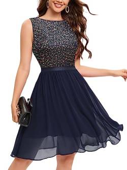 Bbonlinedress Kleid mit Glitzer Damen elegant Rundhals Pailletten Kleid Cocktail Festliche Kleider Brautkleid Silvester Party Abendkleider für Hochzeit Navy M von Bbonlinedress