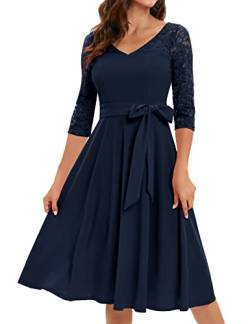 Bbonlinedress Kleider Damen festlich elegant 3/4 arm Hollow Out Spitzenkleid V-Ausschnitt Midilang Business Kleid Abendkleider elegant für Hochzeit Sommerkleid Navy 3XL von Bbonlinedress