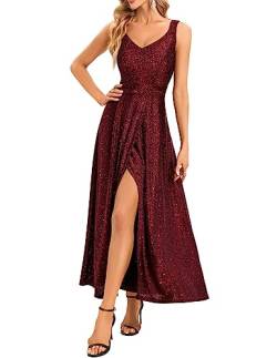 Bbonlinedress Plus Size Long Formal Wedding Prom Cocktail Maxi Slit Dress V-Neck Glitter Evening Party Gowns Burgundy 3XL von Bbonlinedress