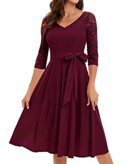 Bbonlinedress Rockabilly Kleider Damen festlich elegant 3/4 arm Hollow Out Sommer Spitzenkleid V-Ausschnitt Midi Freizeitkleid Abendkleider elegant für Hochzeit Burgundy 2XL von Bbonlinedress