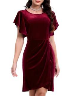 Bbonlinedress Samtkleid Damen elegant Bodycon Knielang Flutter Ärmel Winter Festliche Plissee Party Cocktailkleid Weihnachtskleider Burgundy 2XL von Bbonlinedress