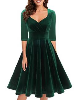 Bbonlinedress Samtkleid Damen elegant Knielang V-Ausschnitt Langarm Winterkleider Festliche Kleider Party Cocktailkleid Weihnachtskleider Dark Green S von Bbonlinedress