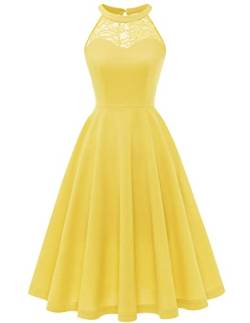 Bbonlinedress Sommerkleid Damen Knielang Cocktailkleid Neckholder Brautjungfer festliches Jugendweihe Kleider Abendkleider Elegant für Hochzeit Strandkleid gelbes Kleid Yellow 2XL von Bbonlinedress