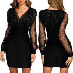 Bcenoilua Frauen Kleider Pailletten V-Ausschnitt Mesh Lange Ärmel Sexy Schlankes Kleid Retro Festliche Minikleid Sexy Silvester Kleid Bodycon Party Cocktailkleid von Bcenoilua