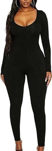 Damen Sport Jumpsuit Langarm Yoga Fitness Bodysuit Sexy Lässig Sportanzug Bodycon Lang Overall Romper eng U Hals Stretch ElegantEinteiler Ganzkörperanzug für Workout Outfit Clubwear Streetwear von Bcenoilua