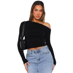 Langarmshirt Tunika Damen Ausschnitt Schulterfrei Crop Top Basic T-Shirt Y2K Slim Fit Oberteile Solid Cropped Enge Shirt Ausgehen Blusen von Bcenoilua