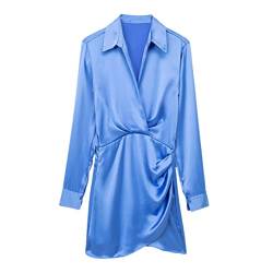 Bciopll Plissiertes Minikleid mit Kragen, kurze Kleider für Damen, langärmelig, Büro, weiblich, Satin-Hemdkleid, blau, L von Bciopll