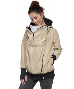 Be Mama - Maternity & Baby wear 3in1 - Tragejacke/Pulli & Umstandsjacke & Damenjacke in einem aus kuscheligem Fleece, Modell: BERGAMI ZIP, beige, L/XL von Be Mama - Maternity & Baby wear