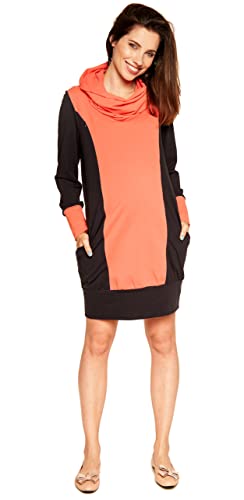 Be Mama - Maternity & Baby wear Kleid für Schwangere 2in1 aus Baumwolle mit Stillfunktion, Pulloverkleid, Modell: Nella, Graphite-orange, SM von Be Mama - Maternity & Baby wear