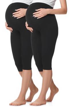 Be Mammy 3/4 Umstandsleggings Kurz aus Baumwolle bequeme und blickdichte Schwangerschaftsleggings 2Pack Umstandsmode BE20-229 (2Pack Schwarz/Schwarz, XXL) von Be Mammy