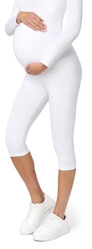 Be Mammy 3/4 Umstandsleggings Kurz aus Baumwolle bequeme und blickdichte Schwangerschaftsleggings Umstandsmode BE20-229 (Weiß, S) von Be Mammy