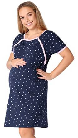 Be Mammy Damen Nachtkleid Umstandsmode Schwangerschaft Nachthemd Mutterschaft Stillnachthemd mit Knopfleisten BE20-286 (Dunkelblau RosaPunkte, M) von Be Mammy
