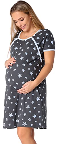 Be Mammy Damen Nachtkleid Umstandsmode Schwangerschaft Nachthemd Mutterschaft Stillnachthemd mit Knopfleisten BE20-286 (Graphit BlauSterne, S) von Be Mammy