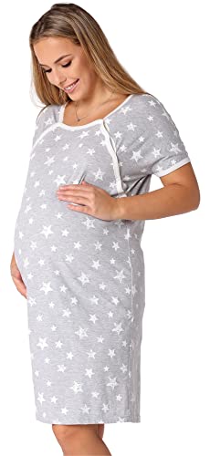 Be Mammy Damen Nachtkleid Umstandsmode Schwangerschaft Nachthemd Mutterschaft Stillnachthemd mit Knopfleisten BE20-286 (Melange EcruSterne, XXL) von Be Mammy