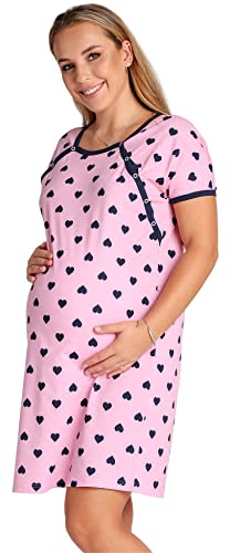 Be Mammy Damen Nachtkleid Umstandsmode Schwangerschaft Nachthemd Mutterschaft Stillnachthemd mit Knopfleisten BE20-286 (Rosa DunkelblauHerzen, S) von Be Mammy