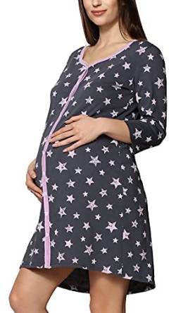 Be Mammy Damen Umstands Nachthemd 3/4 Arm mit Stillfunktion BE20-276 (Graphit Sterne Rosa, M) von Be Mammy