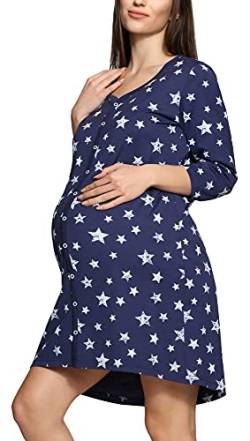 Be Mammy Damen Umstands Nachthemd 3/4 Arm mit Stillfunktion BE20-276 (Navy Sterne Blau, XL) von Be Mammy