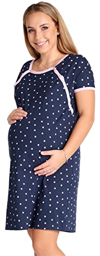 Be Mammy Damen Umstandsnachthemd Schwangerschaft Stillnachthemd mit Knopfleisten BE20-287 (Dunkelblau RosaPunkte, S) von Be Mammy