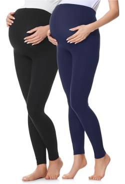 Be Mammy Lange Umstandsleggings 2er Pack aus Baumwolle Leggings für Schwangere Umstands Leggings Schwangerschafts Unterhosen mit Hoher Bund BE20-230 (Braun, 4XL) (Schwarz/Marineblau, S) von Be Mammy