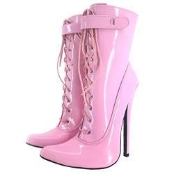 BeAUZQ 7inch Sexy Fetisch High Heel Spitz Stilettos Lackleder Schnürsenkel Abschließbare Knöchelriemen Stiefel Motorradstiefel Stripper Tanzschuhe,Rosa,46 von BeAUZQ