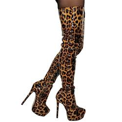 BeAUZQ Damenmode Leopard Overknee Stiefel Sexy Plateau Oberschenkelhohe Stiefel Fetisch High Heels Stripper Club Show Pumps Schuhe Größe 36-47,Leopard,36 von BeAUZQ