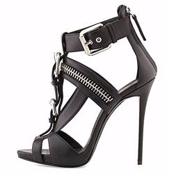 Damen Metallschnalle Reißverschluss Punk Stil Offene Zehensandalen 13CM High Heel Sexy Stripper Nachtclub Abendkleid Formale Schuhe Größe 34-46,Schwarz,42 EU von BeAUZQ