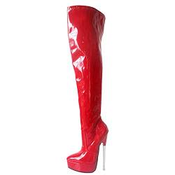 Damen Oberschenkel hohe Stiefel 7" Stiletto Fashion Stretchy Lackleder Plateau Overknee High Heel Stiefel Sexy Stripper Club Pole Dance Schuhe 6 Farbe,Rot,41 EU von BeAUZQ