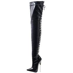 Damen Sexy Overknee Overknee Oberschenkelhohe Stiefel 18cm Metall Dünne High Heels Spitze Zehe Schnürung Oberschenkelhohe Stiefel Stripper Club Pole Dance Schuhe Übergröße 36-46,Schwarz,37 von BeAUZQ