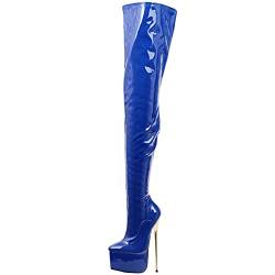 Frauen 22cm Stilettos Oberschenkelhohe Plateaustiefel Gold Metallabsatz Sexy Fetisch High Heels Overknee Party Stiefel Größe 36-46,Blau,38 EU von BeAUZQ