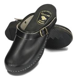 BeComfy Clogs Herren Holzschuhe mit Fersenriemen Pantoletten Leder Clogs Holz Sohle Holzclogs Schwarz (42, Schwarz) von BeComfy