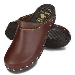 BeComfy Clogs Herren Holzschuhe mit Fersenriemen Pantoletten Leder Clogs Holz Sohle Holzclogs Schwarz (Braun Komfort, Numeric_42) von BeComfy