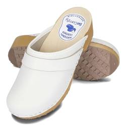 BeComfy Damen Clogs Holzschuhe mit Holzsohle Echtleder Holzclogs Sterne Bunte Blumen Blau Weiß 35 36 37 38 39 40 41 EU (Weiß, 38 EU) von BeComfy