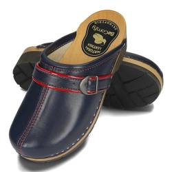 BeComfy Damen Clogs mit Schnalle Holzschuhe mit Weich-Still Holzsohle Holzclogs Echtleder Schwarz Blau 35 36 37 38 39 40 41 EU (Marineblau, EU Schuhgrößensystem, Erwachsene, Numerisch, M, 38) von BeComfy