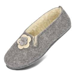 BeComfy Damen Filzhauschuhe Gefüttert mit Schafwolle Warme Pantoffeln mit Blume Filzsohle 36-42 EU (Grau, EU Schuhgrößensystem, Erwachsene, Numerisch, M, 36) von BeComfy