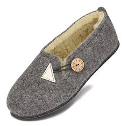 BeComfy Damen Filzhauschuhe Gefüttert mit Schafwolle Warme Pantoffeln mit Knopf Filzsohle 36-42 EU (Grau, EU Schuhgrößensystem, Erwachsene, Numerisch, M, 36) von BeComfy