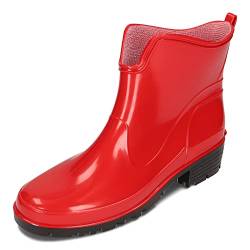 BeComfy Damen Gummistiefel PVC Knöchel Kurze Regenstiefel Outdoor Wasserdicht Schwarz Marineblau (Rot, numeric_41) von BeComfy