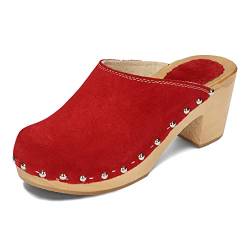 BeComfy Damen Holzclogs mit Absatz Wildleder Holzschuhe Hochhackige Clogs Echt Leder Pantoletten 35-41 EU (Rot, eu_Footwear_Size_System, Adult, Women, Numeric, medium, Numeric_37) von BeComfy