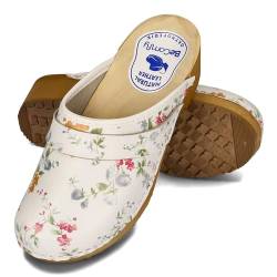 BeComfy Damen Leder Clogs Schuhe mit Holzsohle Echtleder Holzclogs Blumen Blau Weiß 35-41 EU (Bunte Blumen, EU Schuhgrößensystem, Erwachsene, Numerisch, Breit, 37) von BeComfy