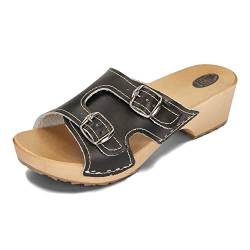 BeComfy Damen Sommer Holzpantoletten Holzclogs mit Offenen Zehen Schnalle Echtleder Weiß und Schwarz Größen 35-41 EU (Schwarz, eu_Footwear_Size_System, Adult, Numeric, medium, Numeric_38) von BeComfy