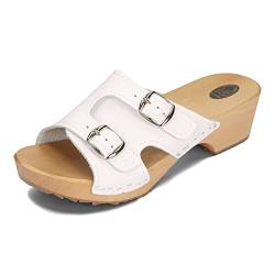 BeComfy Damen Sommer Holzpantoletten Holzclogs mit Offenen Zehen Schnalle Echtleder Weiß und Schwarz Größen 35-41 EU (Weiß, eu_Footwear_Size_System, Adult, Numeric, medium, Numeric_39) von BeComfy