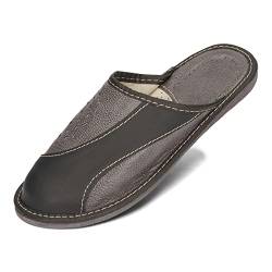 BeComfy Herren Hausschuhe Männer Leder Pantoffeln Haus Schuhe Slippers Pantoletten Echtleder Herrenhausschuhe Schwarz Grau Braun 40 41 42 43 44 45 46 EU (41, Schwarz-Grau, Numeric_41) von BeComfy