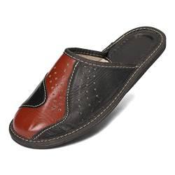 BeComfy Herren Hausschuhe Männer Leder Pantoffeln Haus Schuhe Slippers Pantoletten Echtleder Herrenhausschuhe Schwarz Grau Braun 40 41 42 43 44 45 46 EU (44, Schwarz mit Braun, numeric_44) von BeComfy