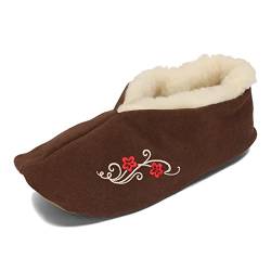 BeComfy Warme Leder Hausschuhe Wolle Damen Herren Wildleder Winter Gefüttert Pantoffeln Schaffell 36-46 EU (Braun mit Stickerei, eu_Footwear_Size_System, Adult, Women, Numeric, medium, Numeric_36) von BeComfy