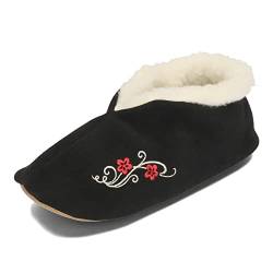 BeComfy Warme Leder Hausschuhe Wolle Damen Herren Wildleder Winter Gefüttert Pantoffeln Schaffell 36-46 EU (Schwarz mit Stickerei, eu_footwear_size_system, adult, women, numeric, medium, numeric_38) von BeComfy