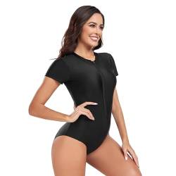 Beachkini Bademode Einteiliger Badeanzug für Frauen Kurzarm-Badeanzug mit Frontreißverschluss Triangel-Badeanzug,90 Schwarz,S von Beachkini