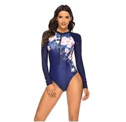 Beachkini Langärmeliger einteiliger Badeanzug für Damen, Badeanzug mit dreieckigem Reißverschluss vorne,Blue Flower,M von Beachkini