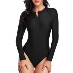 Beachkini One-Piece Swimsuit for Women Long-Sleeved Swimsuit with Front Zip Triangle Swimsuit,Bright Black,XL von Beachkini