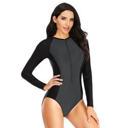 Beachkini One-Piece Swimsuit for Women Long-Sleeved Swimsuit with Front Zip Triangle Swimsuit,Grey Black,XXL von Beachkini