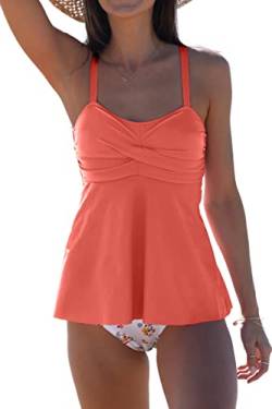 Beachsissi Damen Badeanzüge Blumendruck Zweiteilig Twist Front Verstellbar Hohe Taille Bauchkontrolle Tankini Sets, Lachsfarbe, XL von Beachsissi